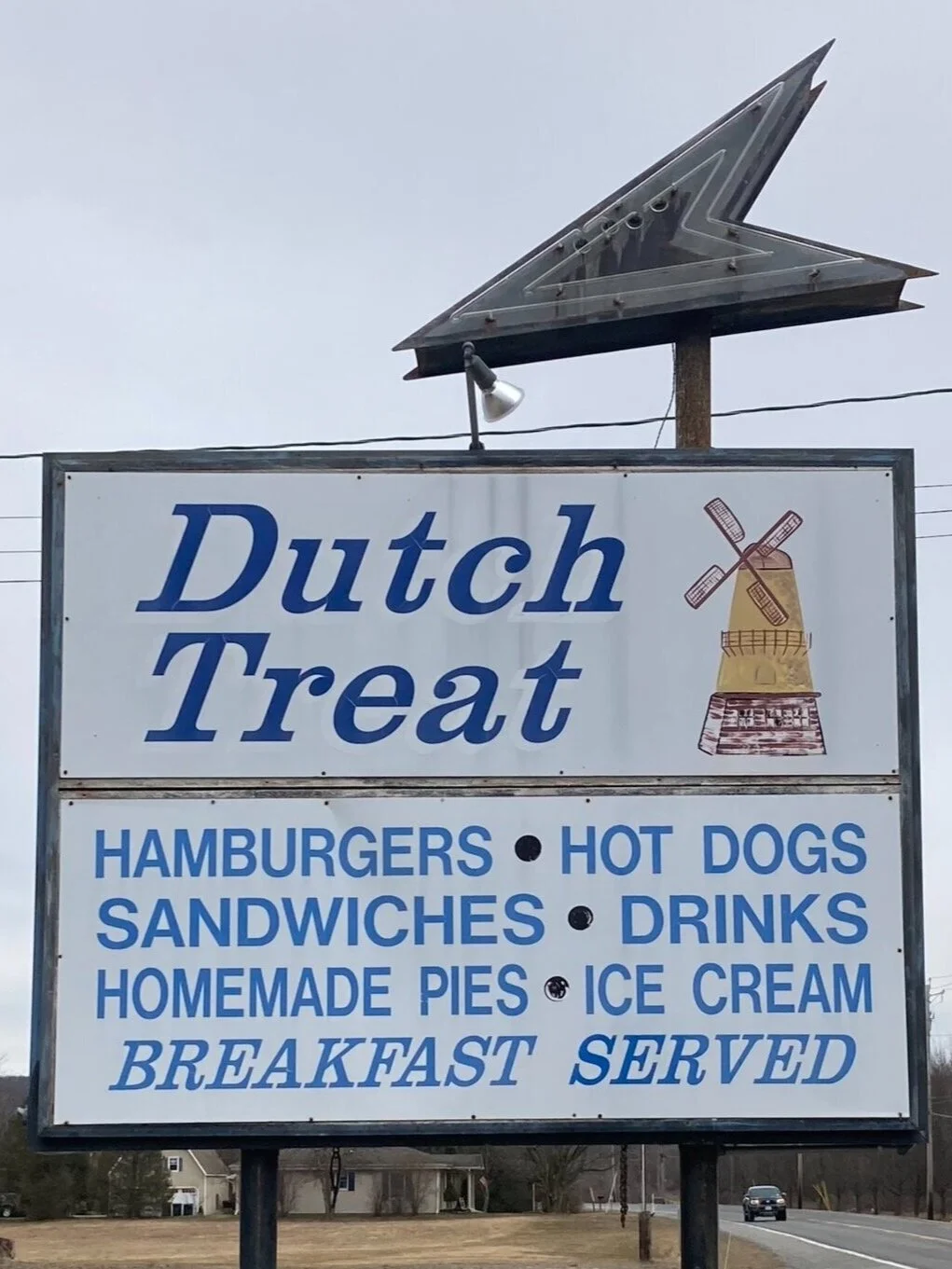 The old Dutch Treat roadside sign with a googie arrow on top